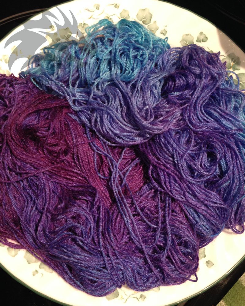 Dyed yarn cooling on a plate.
