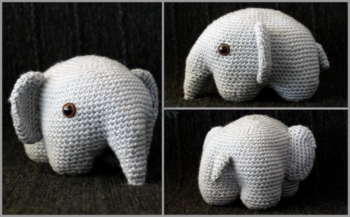 A collage of pictures of a light grey crocheted elephant.